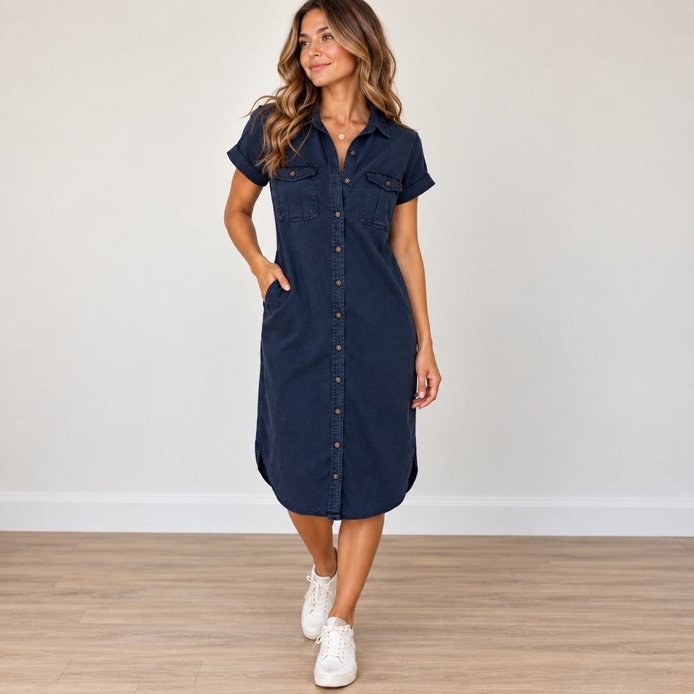 Teddi Rose Navy Blue Button Down Shirt Dress Short Sleeve Midi Pockets Size M